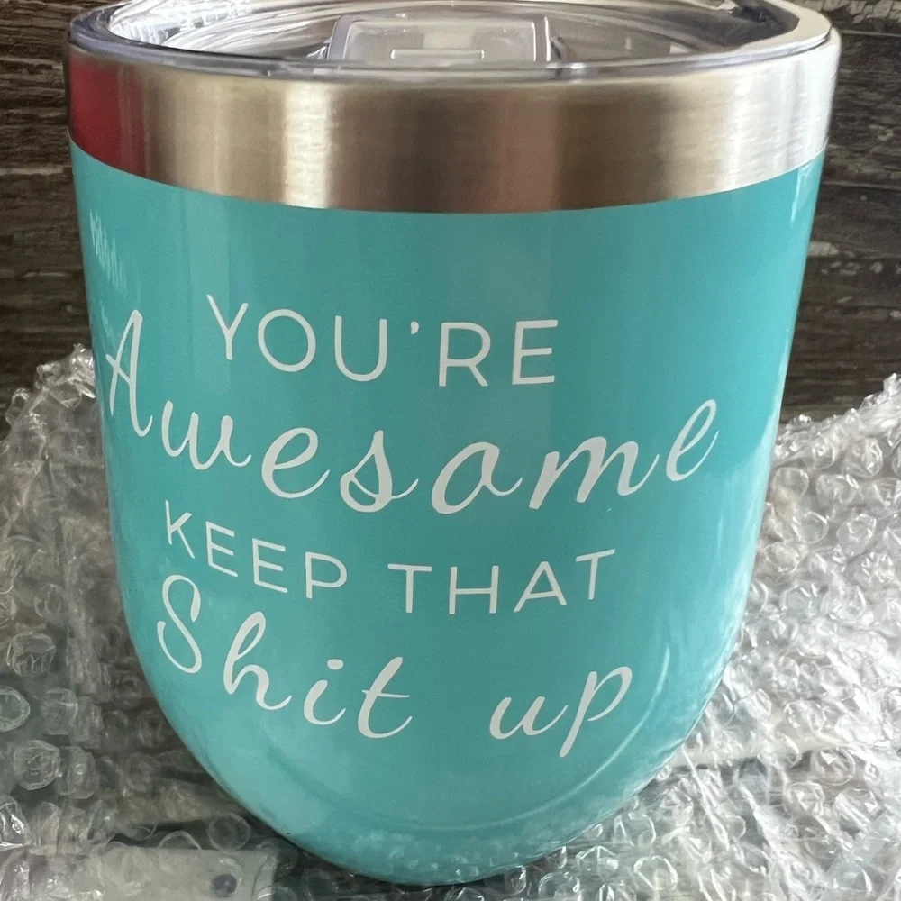Coholico Wine Tumbler 12oz Stainless Insulated Teal You’re Awesome Gag‎ Gift New